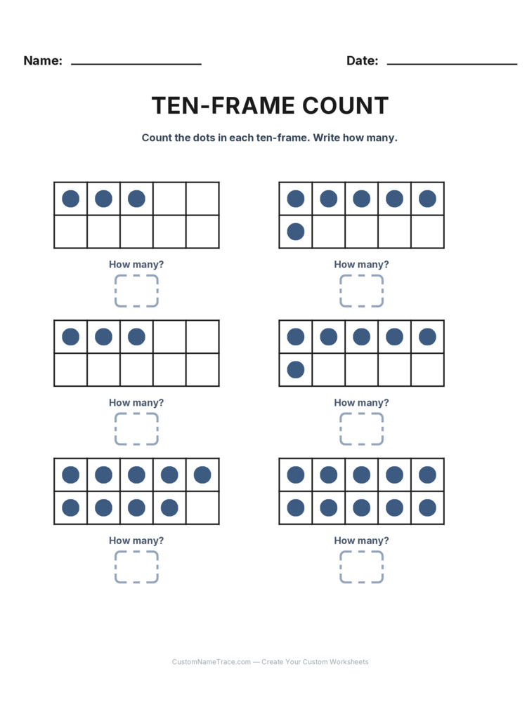 Kindergarten Ten-Frame Count worksheet 20 for kids