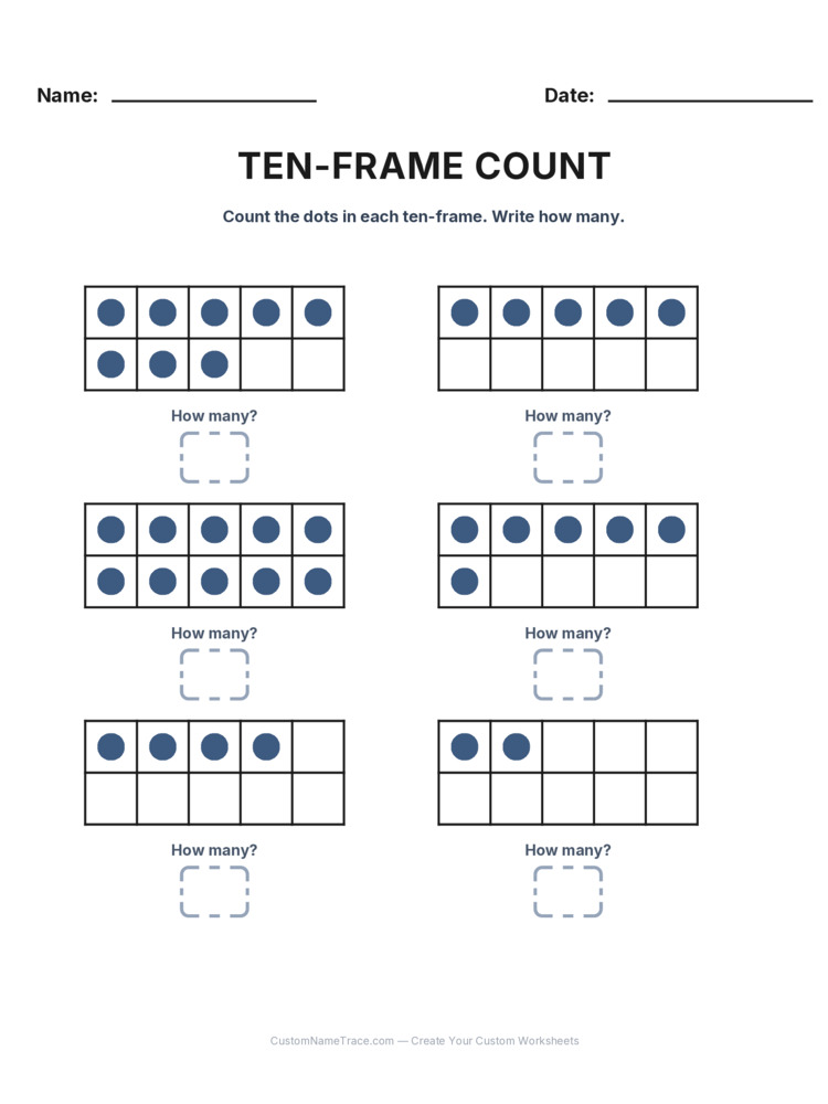 Kindergarten Ten-Frame Count worksheet 21 for kids
