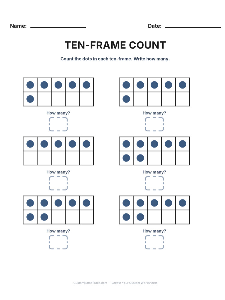Kindergarten Ten-Frame Count worksheet 22 for kids