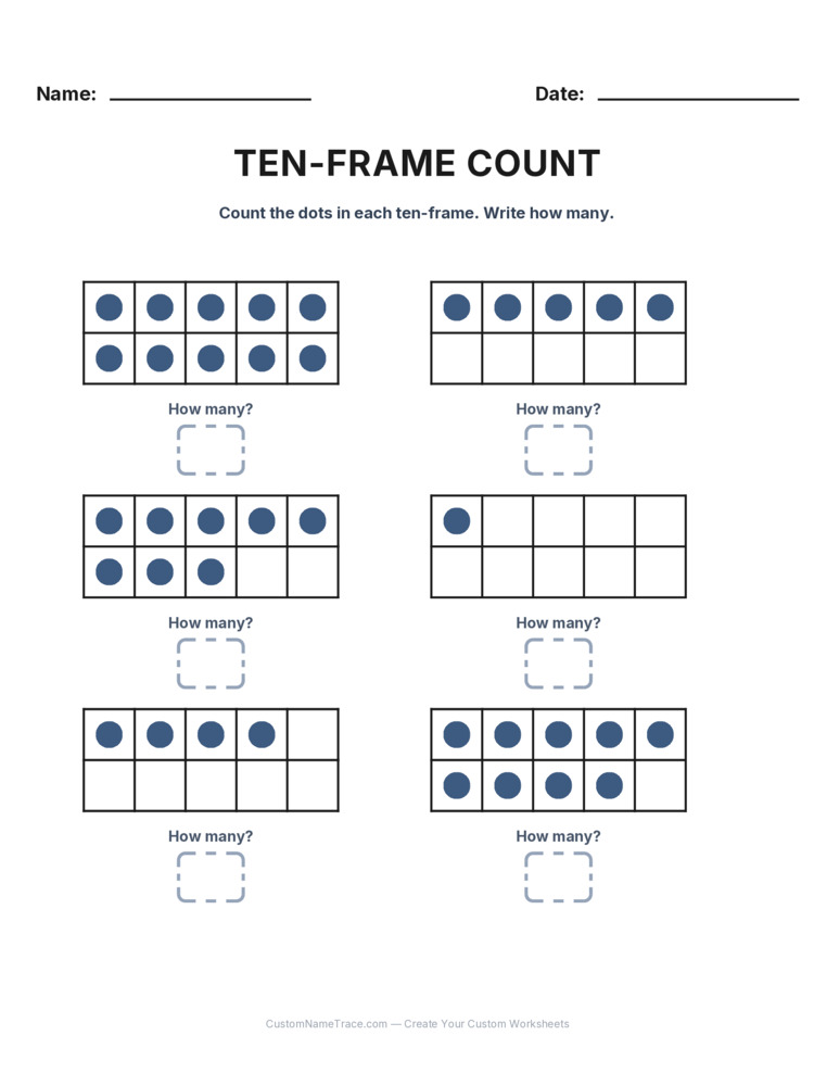 Kindergarten Ten-Frame Count worksheet 24 for kids