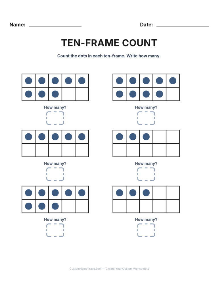 Kindergarten Ten-Frame Count worksheet 25 for kids