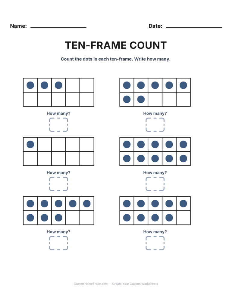 Kindergarten Ten-Frame Count worksheet 26 for kids