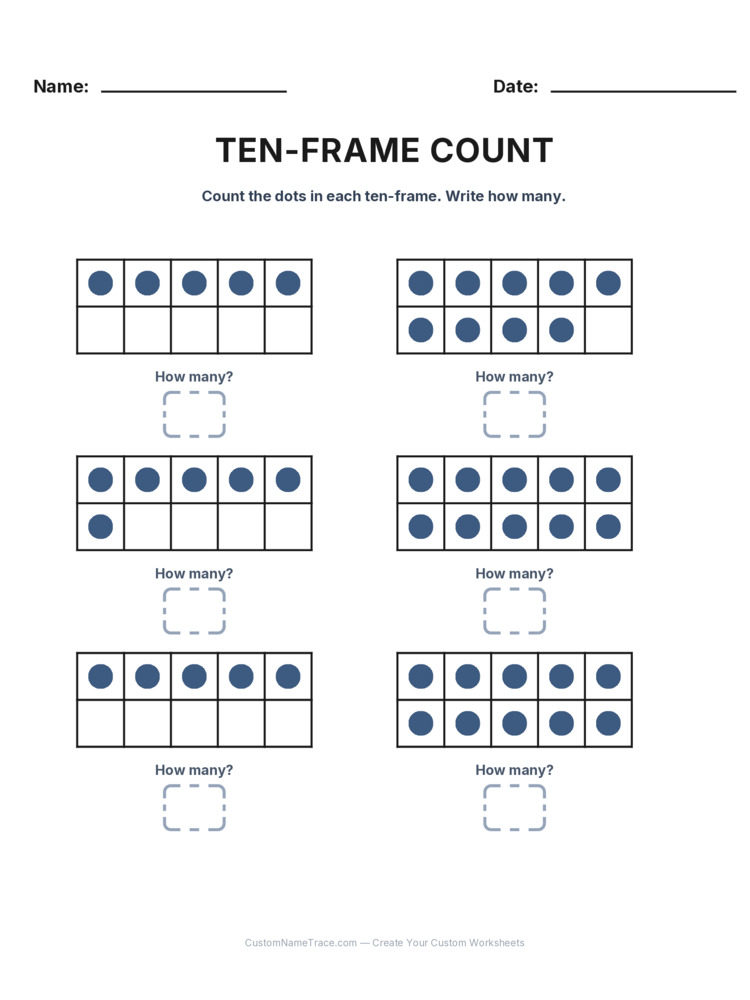 Kindergarten Ten-Frame Count worksheet 27 for kids