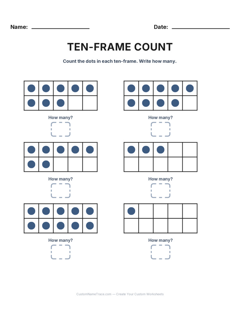 Kindergarten Ten-Frame Count worksheet 28 for kids