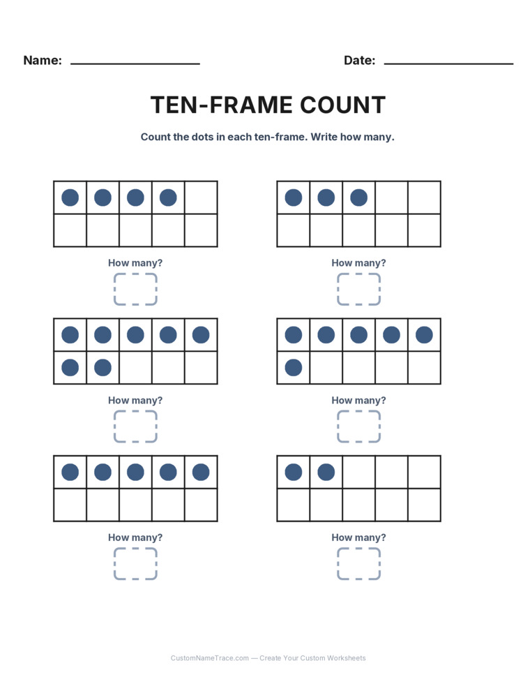 Kindergarten Ten-Frame Count worksheet 29 for kids
