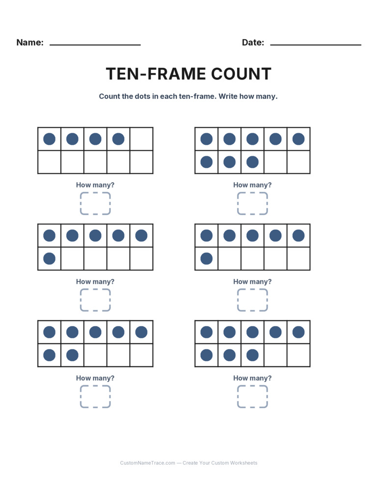 Kindergarten Ten-Frame Count worksheet 3 for kids