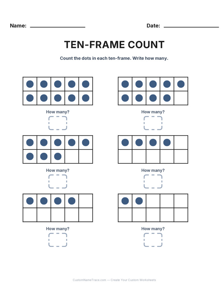 Kindergarten Ten-Frame Count worksheet 30 for kids