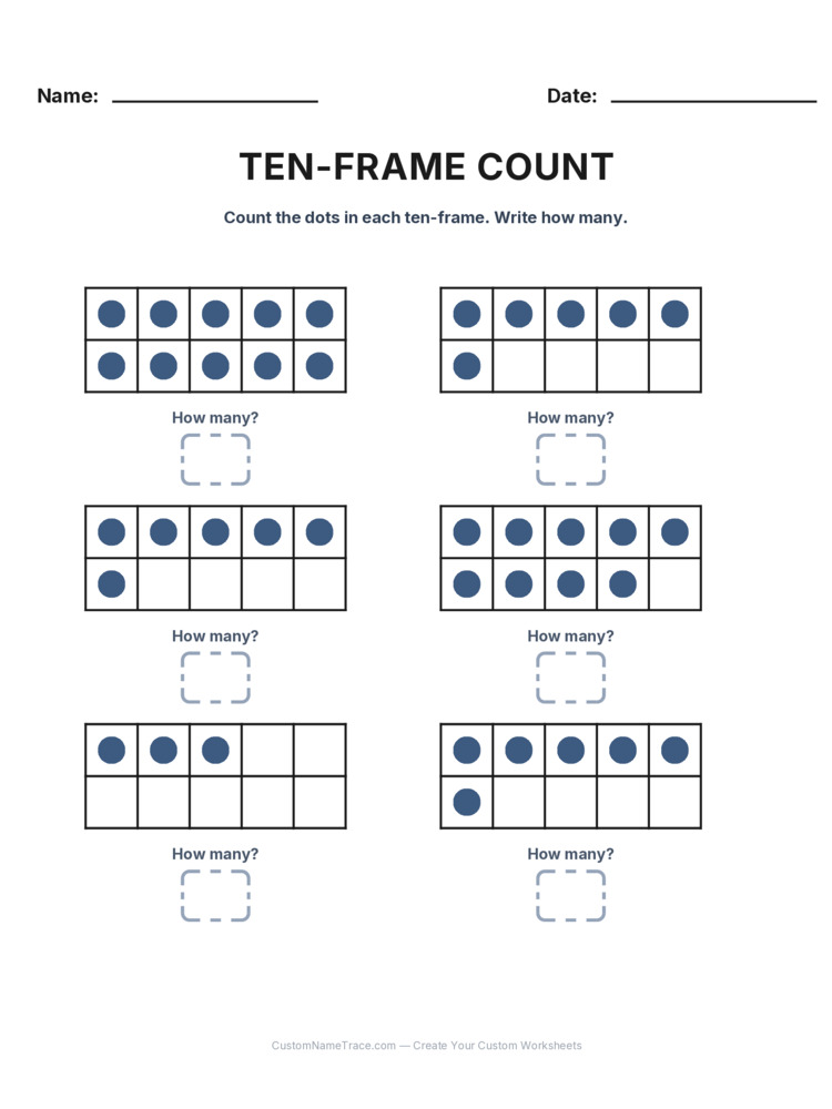 Kindergarten Ten-Frame Count worksheet 4 for kids
