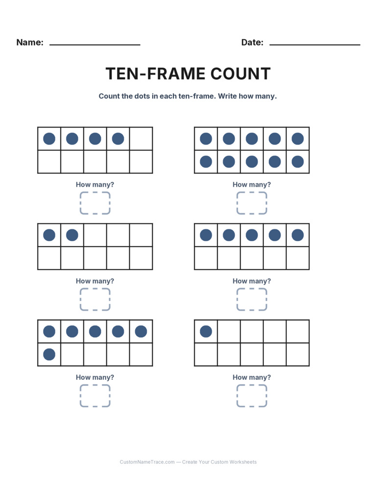Kindergarten Ten-Frame Count worksheet 5 for kids