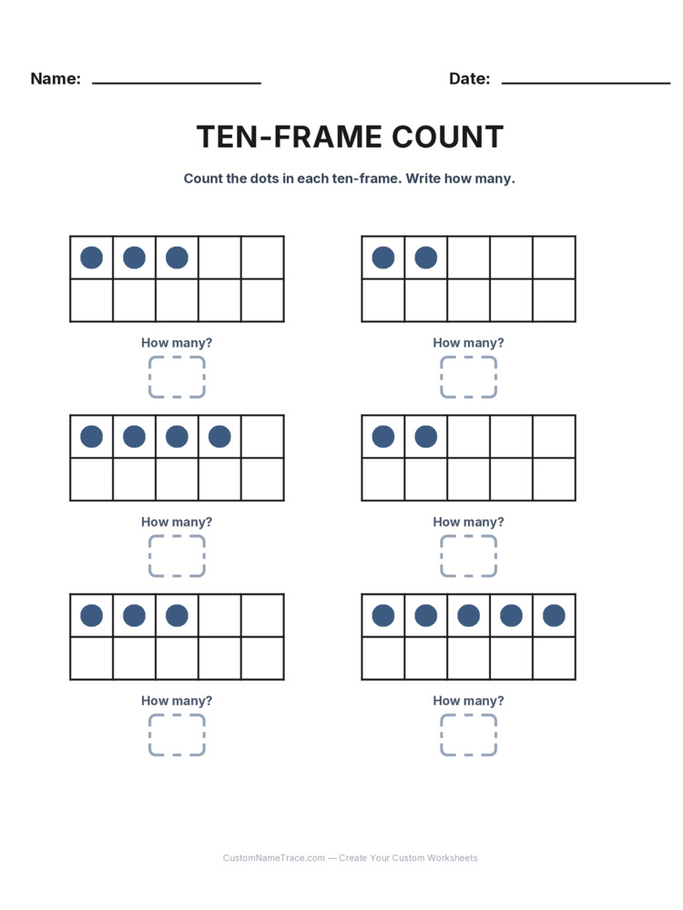 Kindergarten Ten-Frame Count worksheet 6 for kids