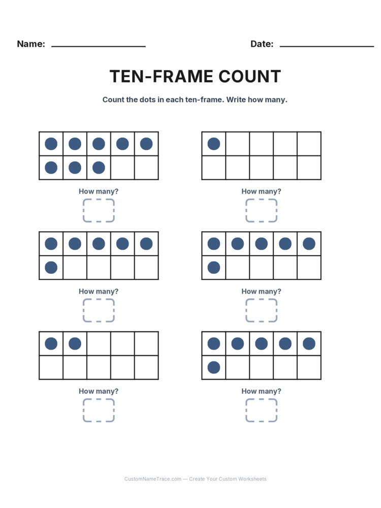 Kindergarten Ten-Frame Count worksheet 7 for kids
