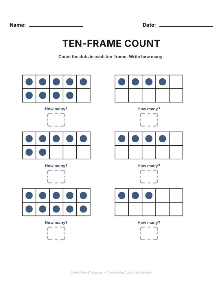Kindergarten Ten-Frame Count worksheet 8 for kids