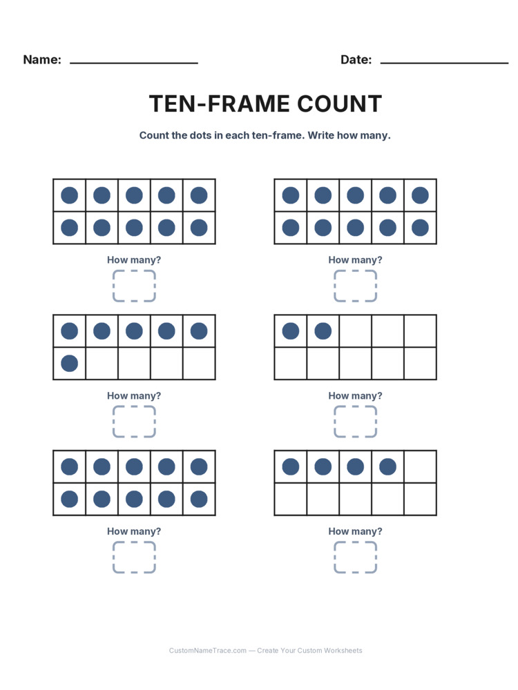 Kindergarten Ten-Frame Count worksheet 9 for kids